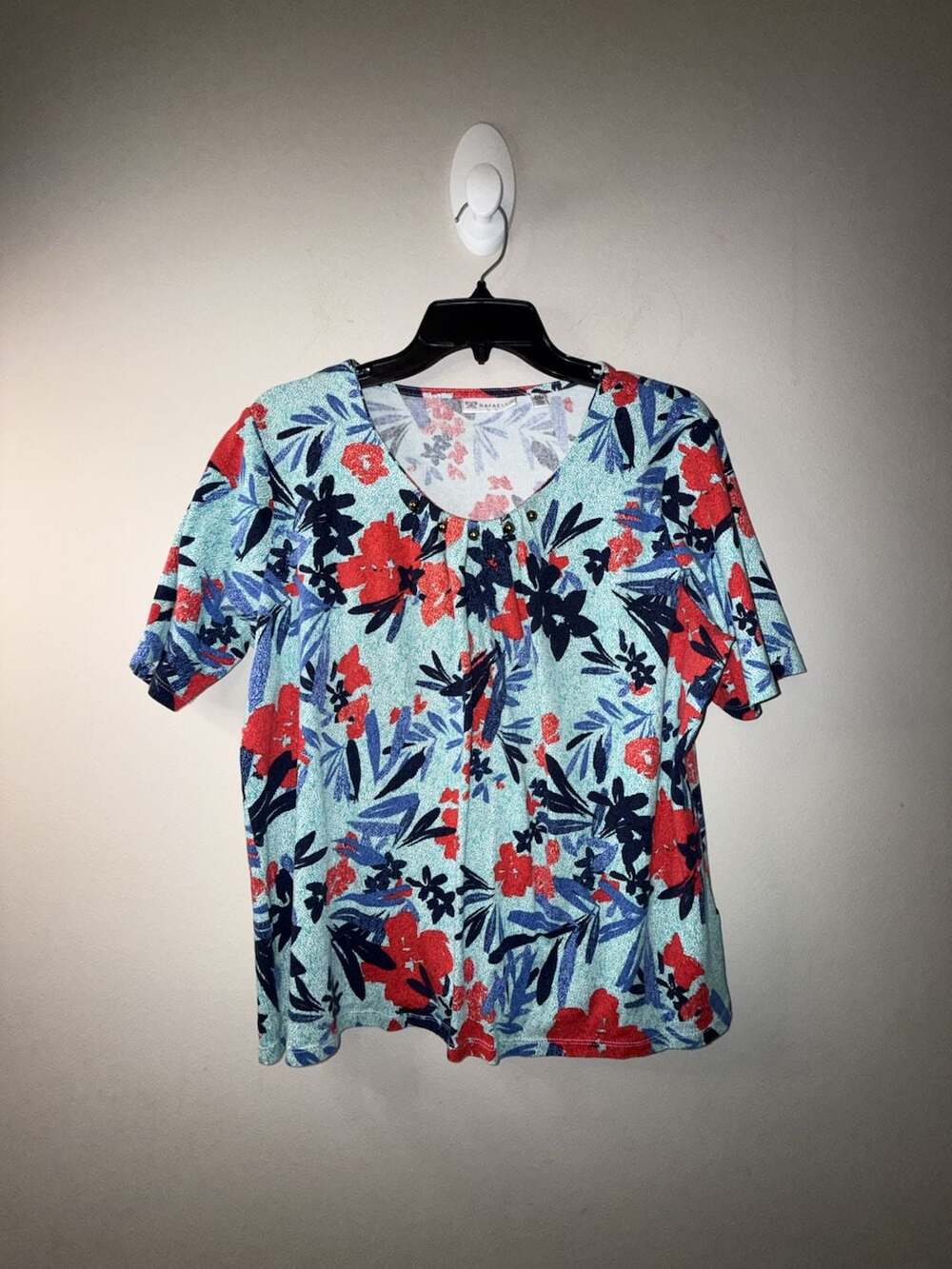 Rafaella Women's XL Floral Print Short Sleeve Embellished Knit Top